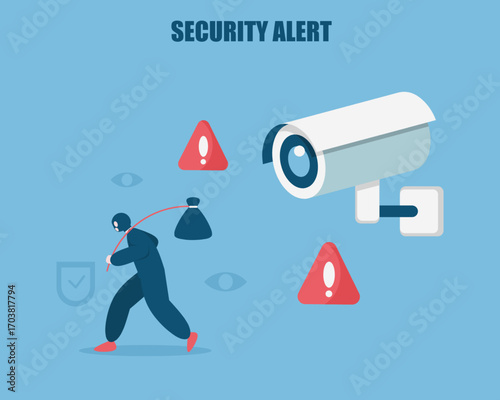 Illustration of a thief carrying a bag under CCTV surveillance with warning signs, symbolizing security alert, monitoring, and crime prevention