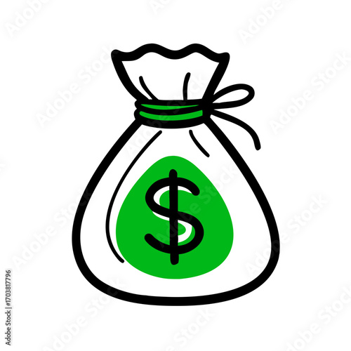 A simple, handdrawn illustration of a green money bag with a dollar sign, isolated on a