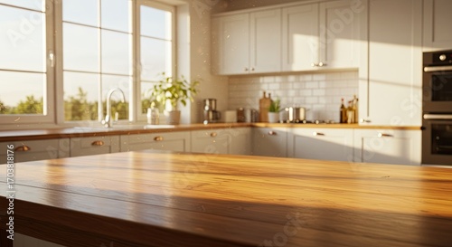 Wooden Countertop in Bright Modern Kitchen with Warm Sunlight