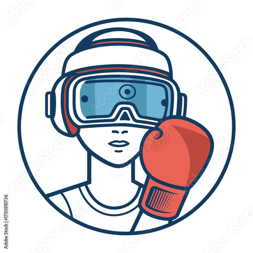 VR Boxing: A graphic illustration of a boxer in virtual reality headset with boxing gloves.