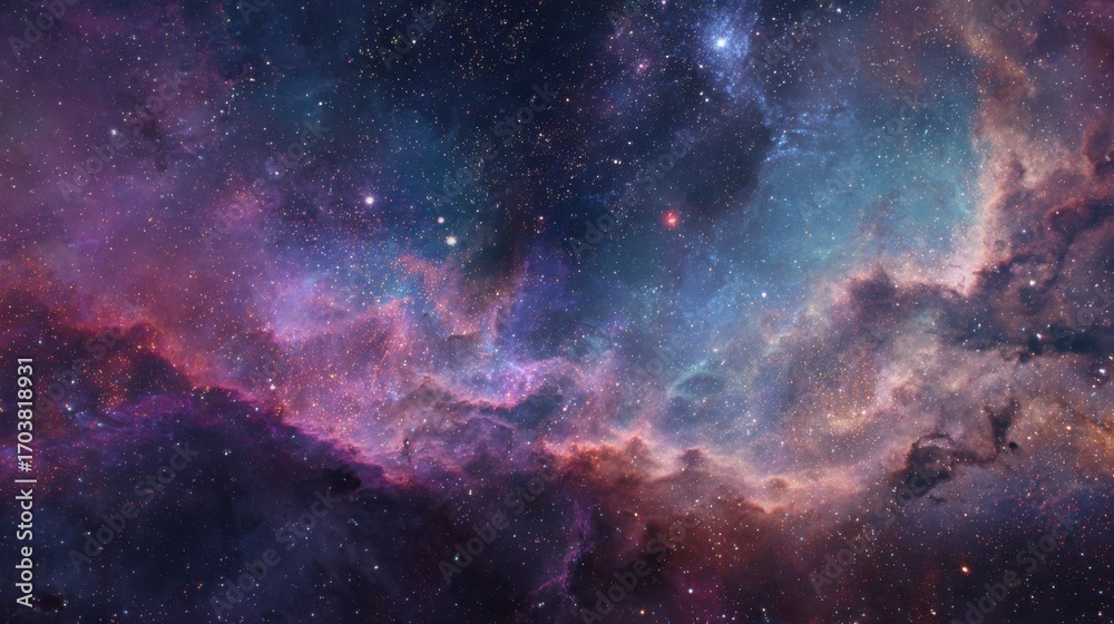 Fototapeta premium A stunning nebula in the depths of space displays a striking array of blues, purples, and pinks, surrounded by countless distant stars and cosmic gases creating a mesmerizing view.
