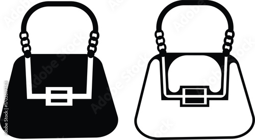 Black handbag icon set, purse and bag vector collection in flat and line style, minimalist fashion accessory group, modern silhouette symbols pack, elegant women bags synonym design