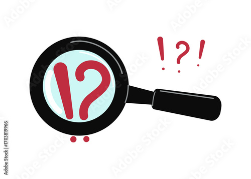 Magnifying glass. Question mark, exclamation point. Concepts of finding an answer, solving a problem. Hand drawn, flat illustration. Isolated background.