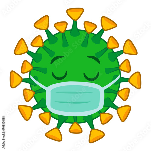 Cartoon green virus with medical mask illustration health and protection