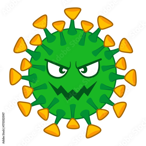 Cartoon virus character illustration green microbe with angry face