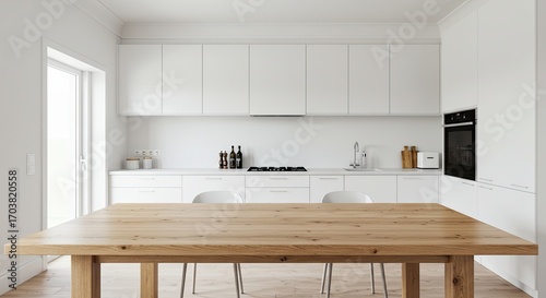 Wooden Table in Modern Bright White Kitchen Interior