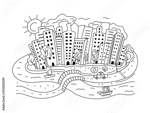 City, houses by the river. Drawing, doodle. Road, transport, travel. Linear black and white graphic vector illustration, background isolated.