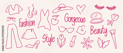 fashionable hand drawn line graphic vector set in women stuff concept