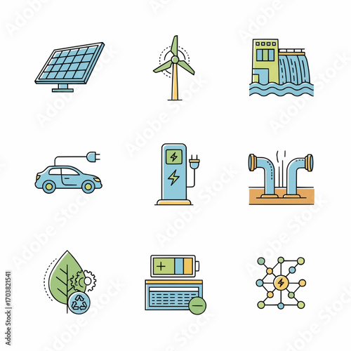 Sustainable Energy Icons Representing Renewable Resources and Environmental Conservation