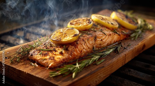 Grilled Salmon with Lemon and Rosemary on Cedar Plank.