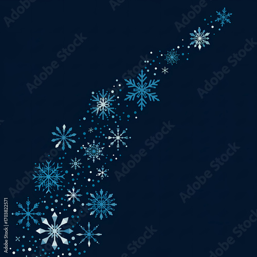 Diagonal Cascade of Stylized Snowflakes on Deep Navy Winter Background