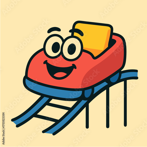 Happy cartoon roller coaster car character smiling on a fun amusement park ride. Vector graphic concept