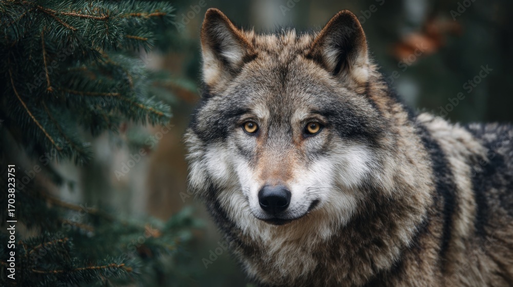 Obraz premium A beautiful wolf stands among the trees, its striking fur blending with the earthy tones of the forest. It looks directly at the observer, showcasing its intense gaze and alert posture.