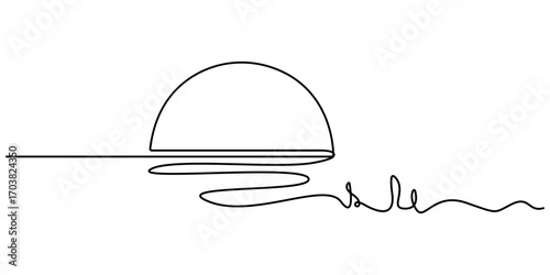 Wavy doodle sun sunny day one line continuous drawing illustration vector. Minimalist outline vector design. Editable stroke. Sunset, sunrise, beach, palm tree in single line draw illustration