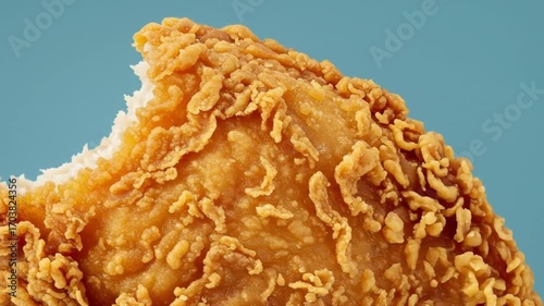 Biting Into Crispy Fried Chicken on Blue Background Closeup