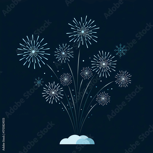 Stylized Teal Fireworks with Snowflakes on Dark Navy Winter Background