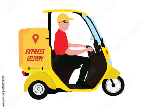 delivery service driver in yellow cap on three-wheeler scooter with a container business illustration