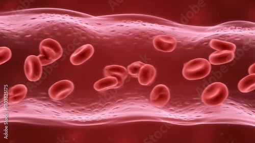 Red blood cells flowing through a vein from a side view