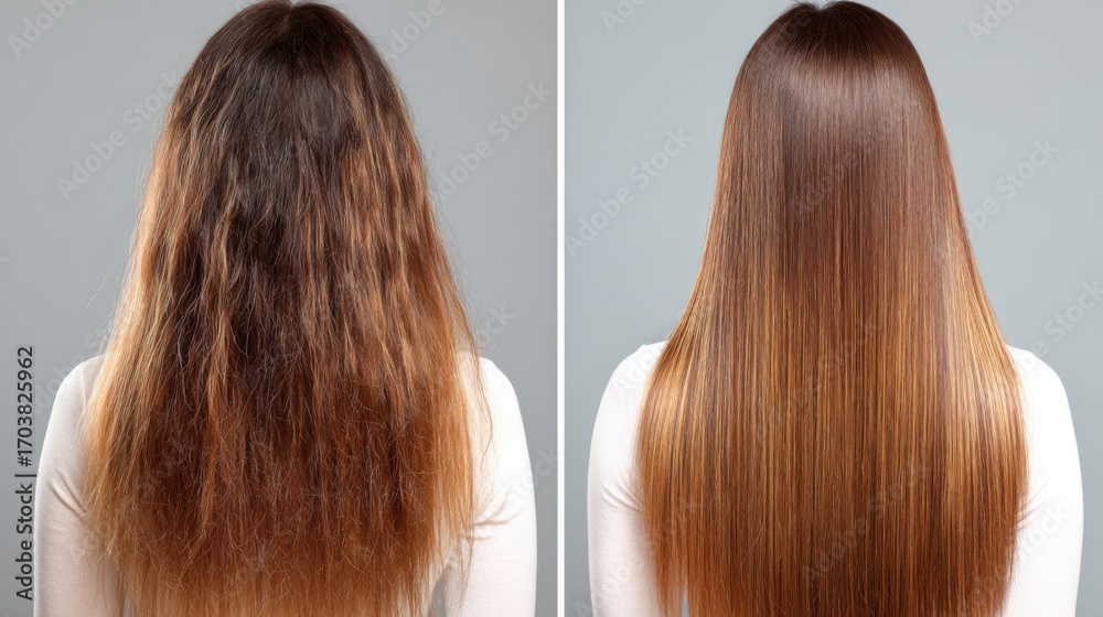 Fototapeta premium A process showcasing the transformation of textured, curly hair into sleek, straight hair in a beauty studio. This hair makeover emphasizes the techniques used for styling.