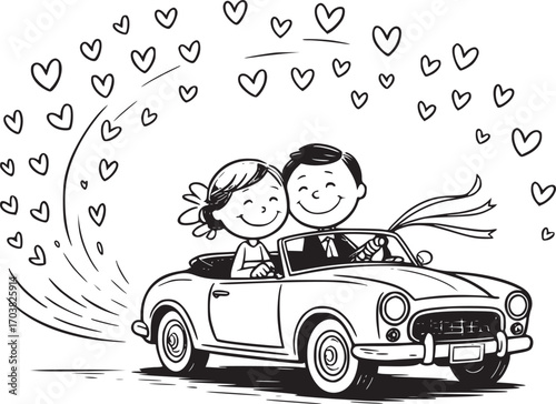 Newlyweds Ride: A charming illustration captures the joy of newly married couple in a classic convertible car, filled with love, hearts and celebrating the happiness in their journey together.