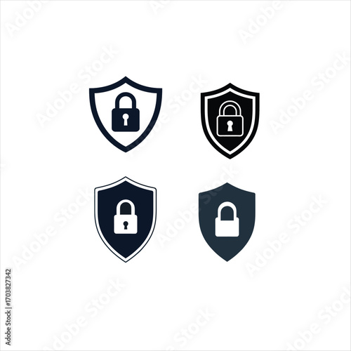 Four shield icons with padlock symbol isolated on white background