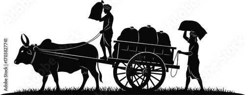 Silhouette of Farmers with Ox Cart Carrying Harvested Crops, Agriculture