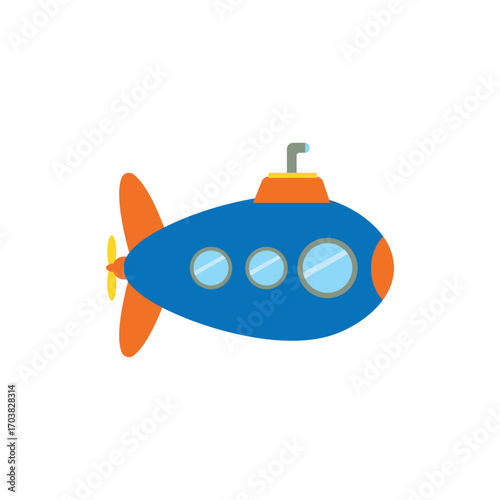 Colorful cartoon submarine illustration in blue and orange with round windows. Perfect for kids’ designs, nautical themes, underwater exploration, marine education, and playful vector projects.