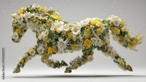 Creative horse silhouette made entirely of blooming white daisies, yellow flowers, and green leaves, symbolizing nature, spring, and floral art on a neutral background.