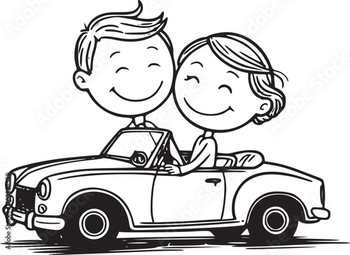 Love on the Open Road: A couple with smiles embark on a journey of shared happiness. The vector art depicts a nostalgic convertible car filled with dreams of future adventures.