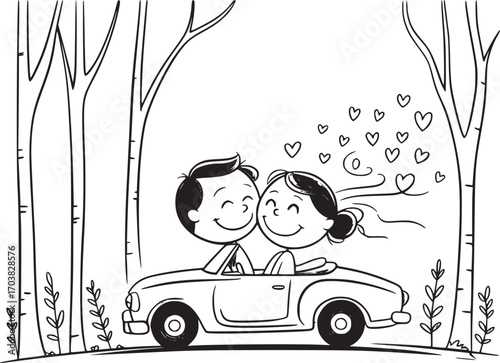 Love on the Road: A cartoon couple in a convertible car, surrounded by hearts, embarking on their romantic journey. The scene exudes love and joy, conveying a message of eternal commitment.