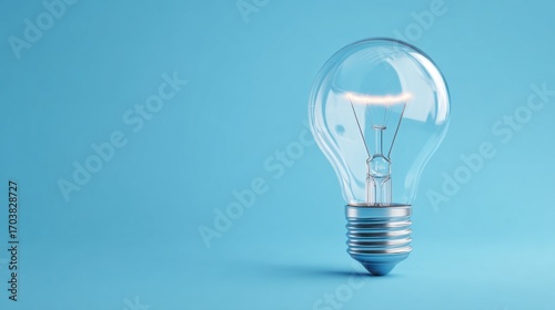 A transparent light bulb stands prominently against a soft blue backdrop, showcasing its intricate interior design.