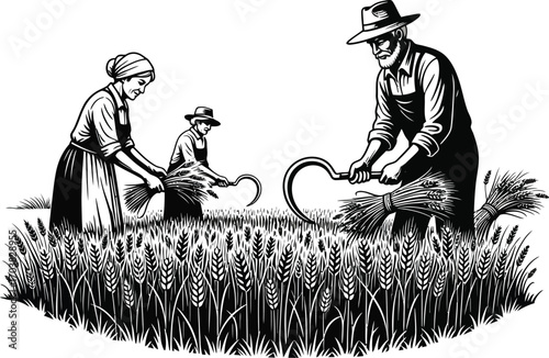 Farmers Harvesting Wheat with Sickles, Traditional Agriculture Illustration