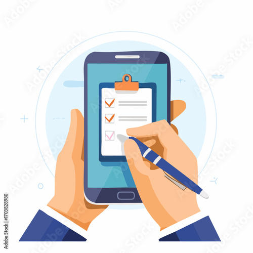 Hands Completing Checklist On Mobile Phone