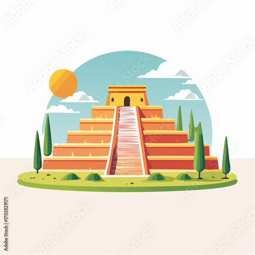 Pixel Art Mayan Pyramid Temple With Trees Under Blue Sky