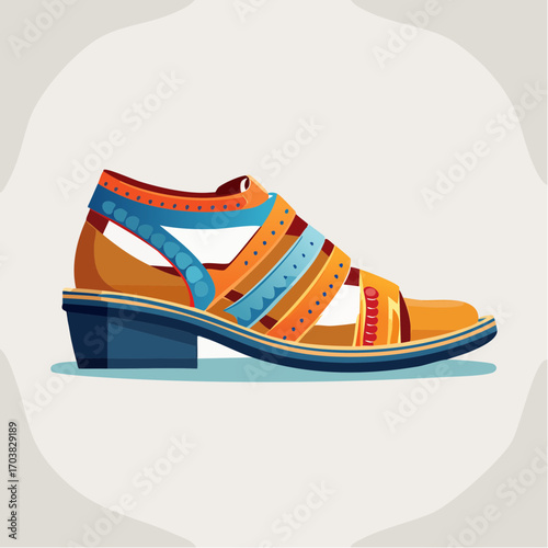 Brown Leather Sandal With Blue Orange And Teal Accents On A Gray Background