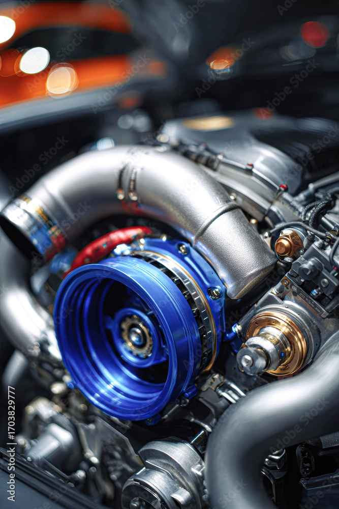Fototapeta premium A close-up view of a high-performance turbocharger, showcasing intricate details and metallic textures, highlighting automotive engineering.