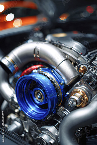 A close-up view of a high-performance turbocharger, showcasing intricate details and metallic textures, highlighting automotive engineering.
