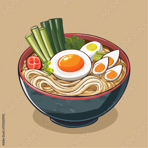 Delicious ramen bowl with egg and vegetables illustration tempts with flavorful appeal