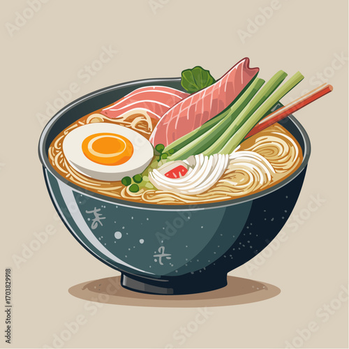 Delicious ramen bowl with salmon, egg, and fresh vegetables for authentic Asian cuisine experience
