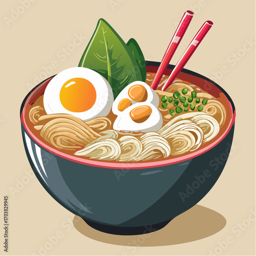 Delicious ramen bowl with egg, seaweed, and chopsticks ready to eat Asian cuisine delight