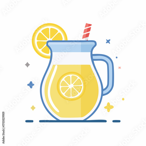 Refreshing Lemonade in Glass Pitcher with Lemon Slice and Straw