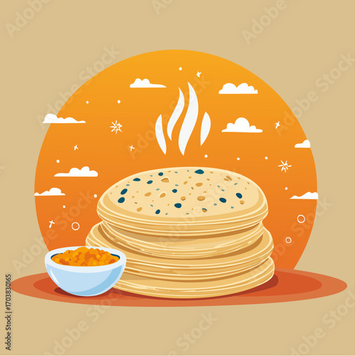 Delicious stack of Indian flatbreads with lentil dal, a traditional homemade comfort food
