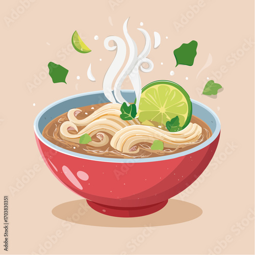 Delicious steaming noodle bowl with fresh lime, perfect for food blogs and vibrant menus