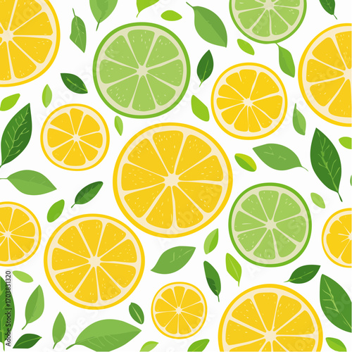 Lemon And Lime Slices With Green Leaves On White Background
