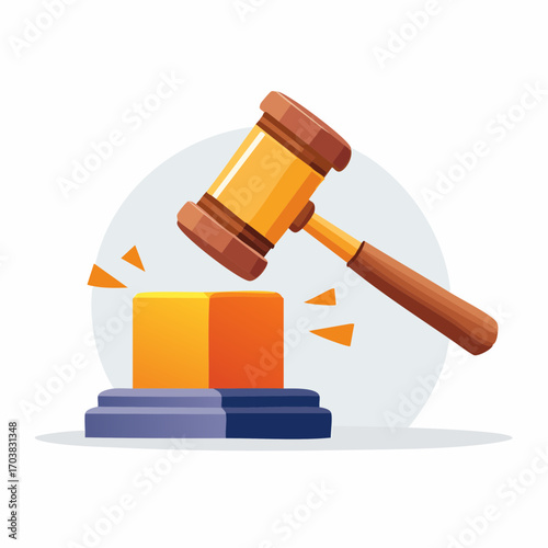Wooden Gavel Striking Orange Block On Blue Stand