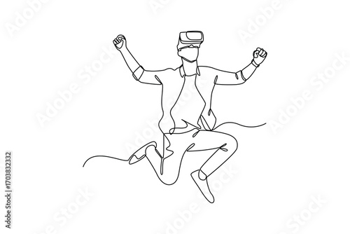 Continues line and simple line of excited player jumping with vr goggles Single line drawing vector graphic design illustration