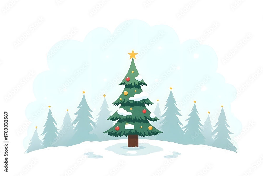 Obraz premium stylized pastel A stylized evergreen tree, rendered in a flat, cartoon style, showcases a festive winter scene