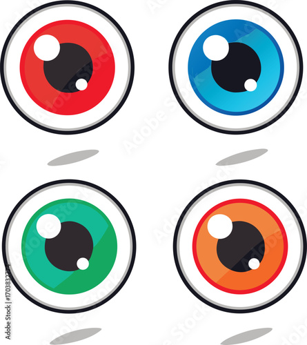 Four colorful cartoon eyes with shadows blue green