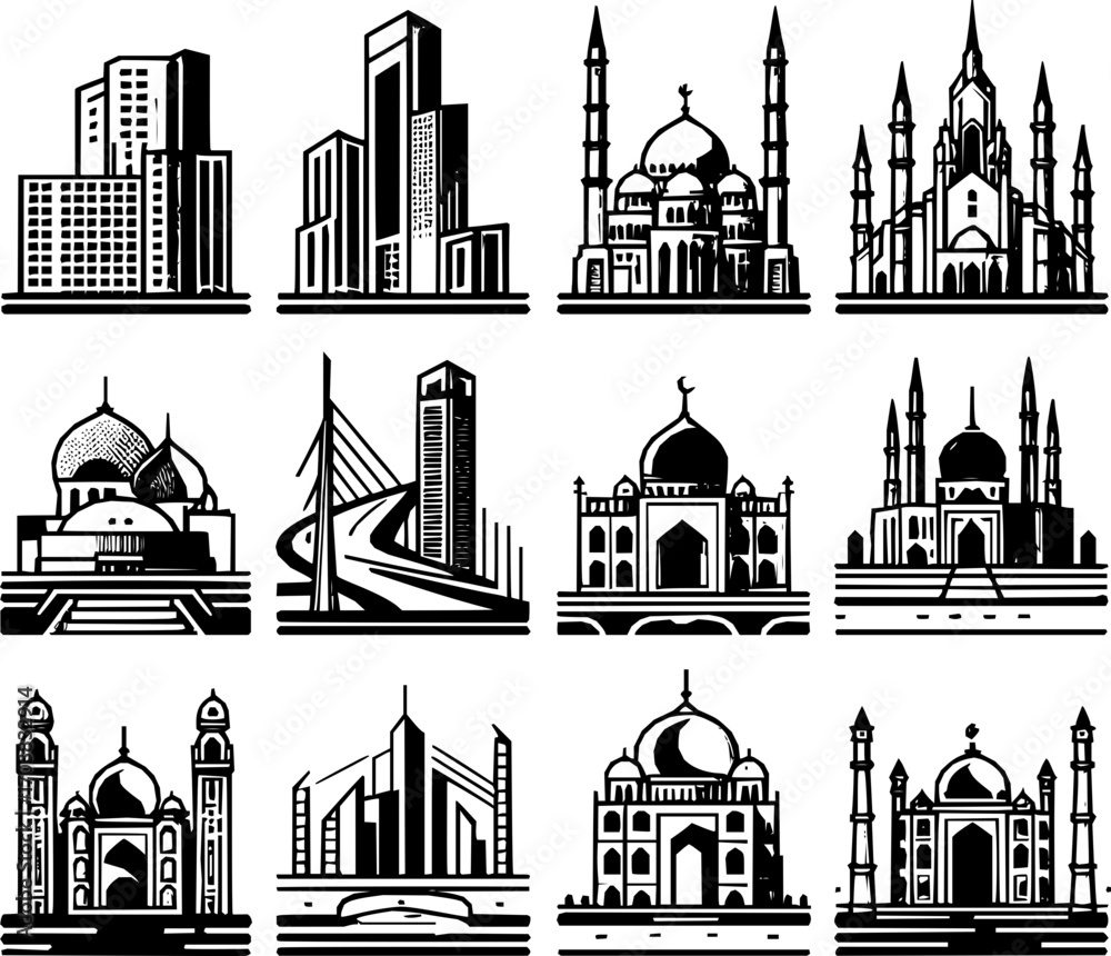 Obraz premium Minimalist black and white vector icon set of architectural buildings, clean scalable line art, including house, skyscraper, mosque, cathedral, bridge, tower