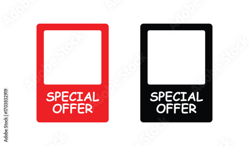 Two special offer tags one red one black with blank space for text